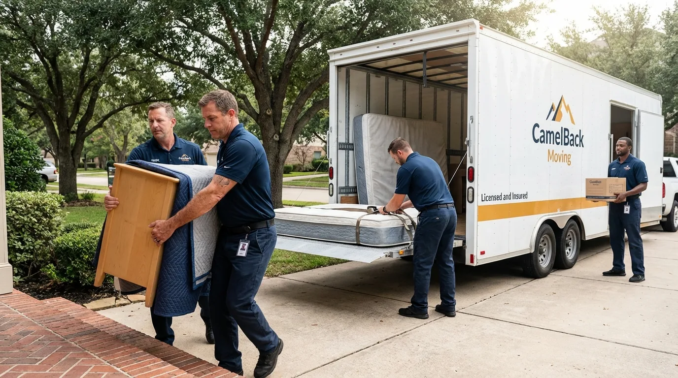 Crew loading residential truck for cross-state move from Campbellsport, WI