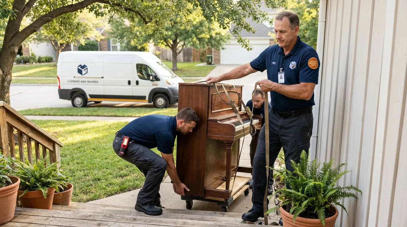 Licensed piano movers securing grand piano in Campbellsport, WI