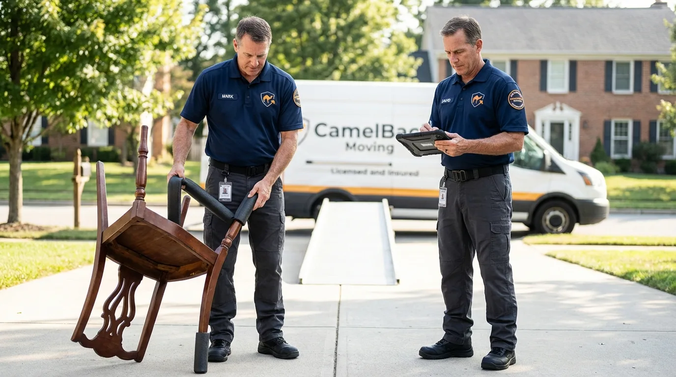 Movers inspecting furniture for damage prevention before loading in Campbellsport, WI