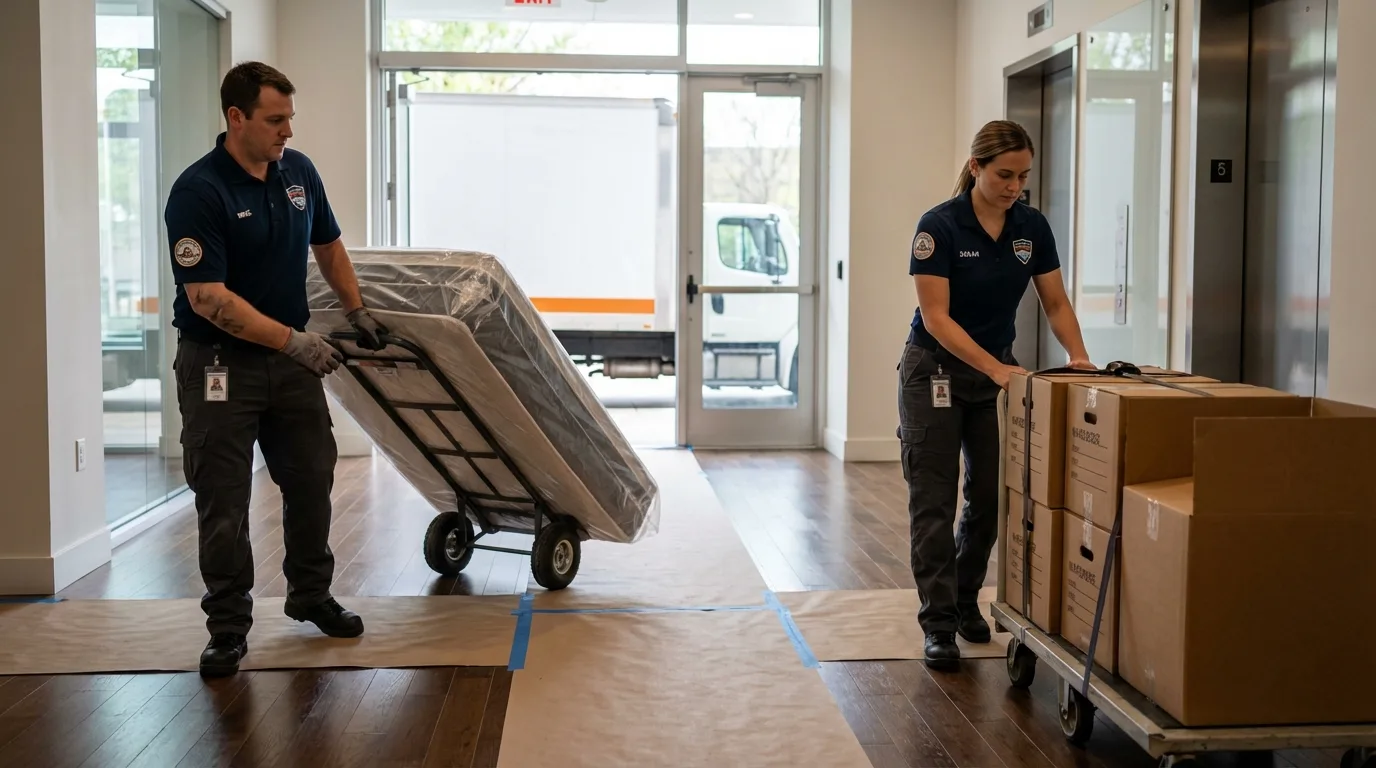 Professional apartment movers loading elevator in Campbellsport, WI