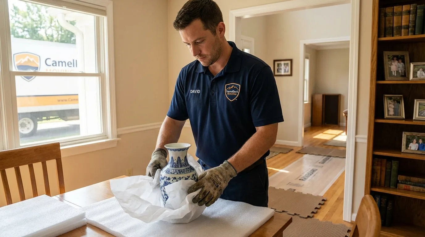Professional crew carefully wrapping antique vase for senior downsizing move in Campbellsport, WI