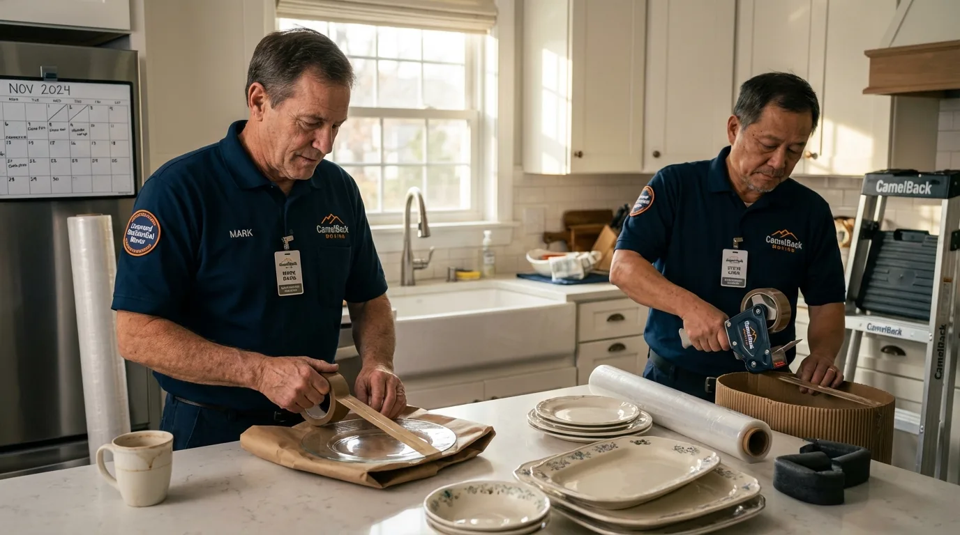 Professional crew packing kitchen dishware in Campbellsport, WI